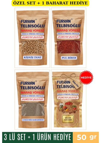 Kişniş Tane 50GR + Pul Biber 50GR + Çekilmiş Karabiber 50GR + 1 Baharat Hediye