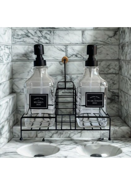 2'li Cam Dispenser Seti – Metal Taşıyıcılı Sıvı Sabun & Deterjan Pompa Şişeleri, Endüstriyel Mutfak & Organizer