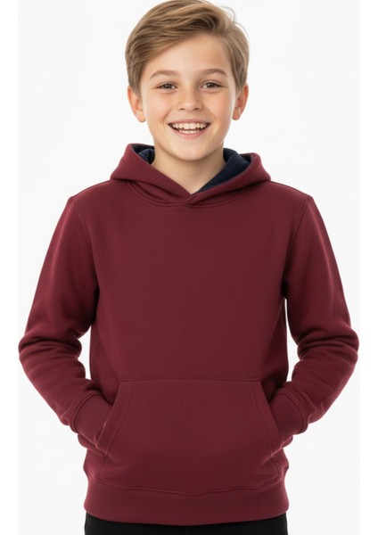 Erkek Çocuk Bordo Kapüşonlu Cepli 3 Iplik Sweatshirt BGL-ST05002