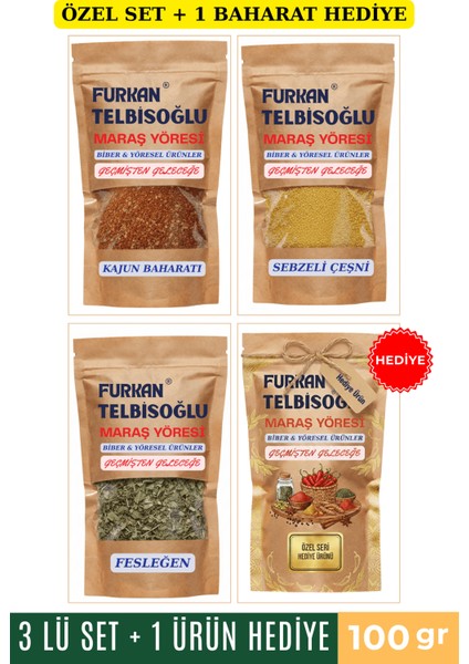 Kajun Baharatı 100GR + Sebzeli Çeşni 100GR + Fesleğen 100GR + 1 Baharat Hediye