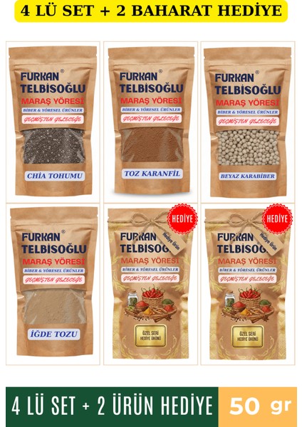Iğde Çekirdeği Tozu 50GR + Karanfil Toz 50GR + Chia Tohumu 50GR + Beyaz Karabiber 50GR + 2 Baharat Hediye