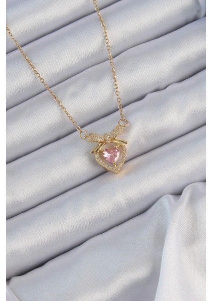 316L Çelik Zincir Altın Renk Pembe Zirkon Taşlı Fiyonklu Kalp Kolye - TJ-BKO9173