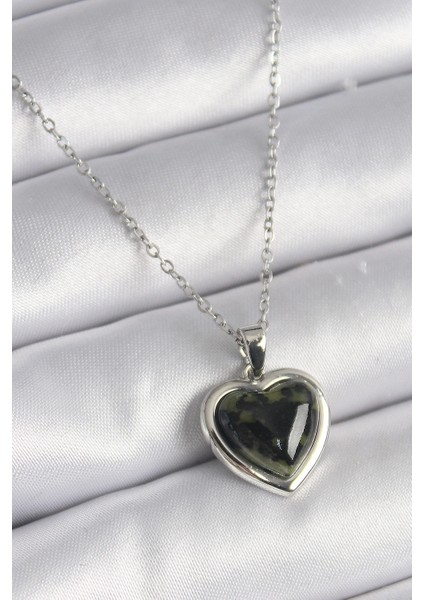316L Çelik Gümüş Renk Yeşil Mineli Kalp Model Kadın Kolye - TJ-BKO9526