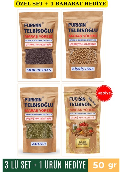 Mor Reyhan Elenmiş 50GR + Organik Zahter 50GR + Kişniş Tane 50GR + 1 Baharat Hediye
