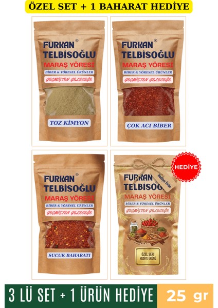 Çok Acı Biber 25GR + Kimyon Toz 25GR + Sucuk Baharatı 25GR + 1 Baharat Hediye