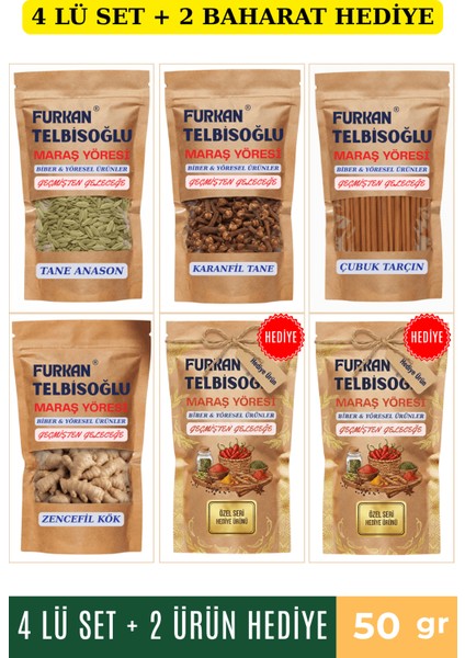 Zencefil Kök 50GR + Organik Çubuk Tarçın 50GR + Karanfil 50GR + Anason Tane 50GR + 2 Baharat Hediye