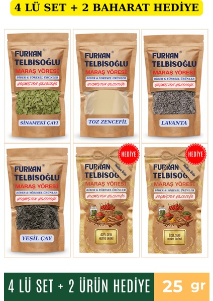Doğal Lavanta 25GR + Toz Zencefil 25GR + Yeşil Çay 25GR + Sinameki Çayı 25GR + 2 Baharat Hediye