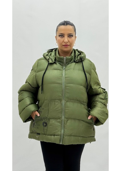 Büyük Beden Kapüşonlu Yazılı Kadın Şişme Mont fiyatları