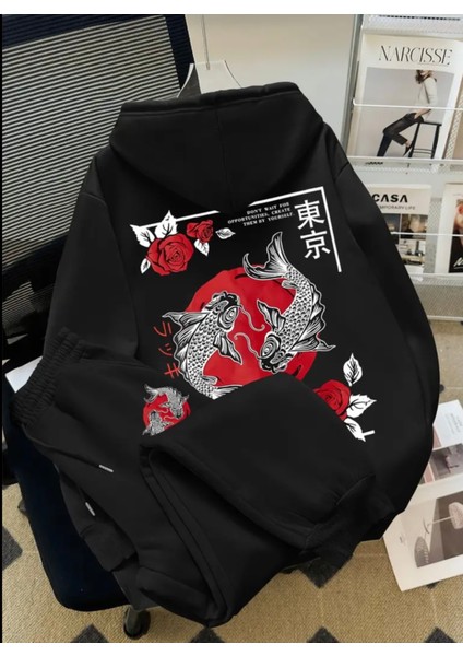 Özel Tasarım Kapüşonlu Koi Balığı Sırt Baskılı %100 Pamuk 3 Iplik Kışlık Japon Stil Erkek Çocuk Eşofman Takımı