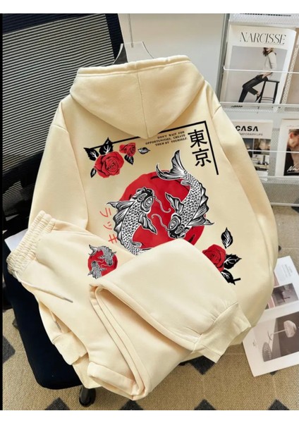 Özel Tasarım Kapüşonlu Koi Balığı Sırt Baskılı %100 Pamuk 3 Iplik Kışlık Japon Stil Erkek Çocuk Eşofman Takımı