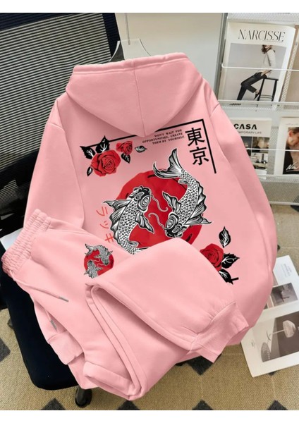 Özel Tasarım Kapüşonlu Koi Balığı Sırt Baskılı %100 Pamuk 3 Iplik Kışlık Japon Stil Erkek Çocuk Eşofman Takımı