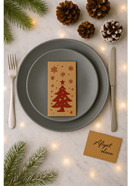 20 Li Yılbaşı Peçetesi Kraft Çam Desenli Yılbaşı Sofrası Aksesuar Peçetesi 8X24