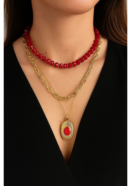 Bordo Kristal Taşlı Çoklu Kolye