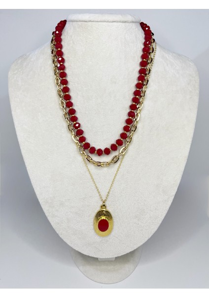 Bordo Kristal Taşlı Çoklu Kolye fiyatları