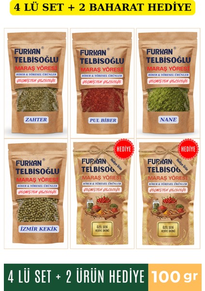 Organik Zahter 100GR + Pul Biber 100GR + Nane 100GR + Organik Izmir Kekik 100GR+ 2 Baharat Hediye