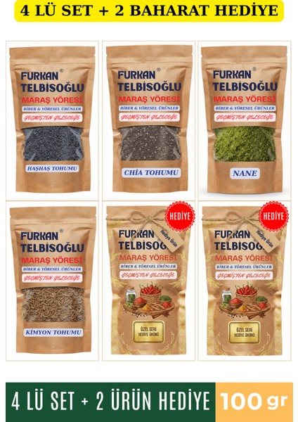 Nane 100GR + Tane Kimyon 100GR + Chia Tohumu 100GR + Haşhaş Tohumu 100GR + 2 Baharat Hediye