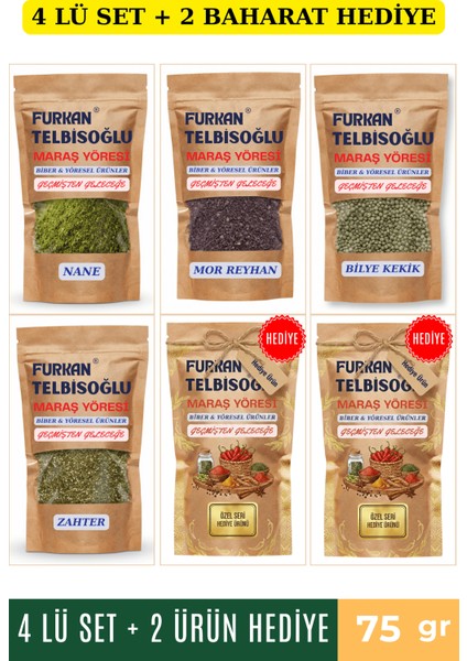 Organik Zahter 75GR + Nane 75GR + Bilye Kekik 75GR + Mor Reyhan 75GR + 2 Baharat Hediye
