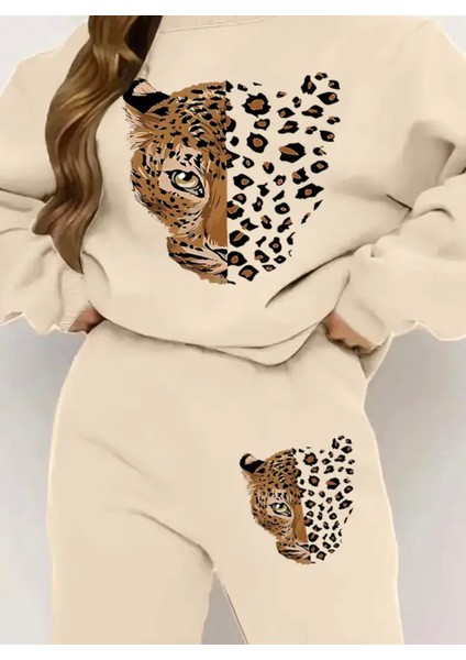 Punıx Büyük Beden Özel Seri Leopar Baskılı %100 Pamuk Kışlık Yuvarlak Yaka Modern Kadın Eşofman Takımı