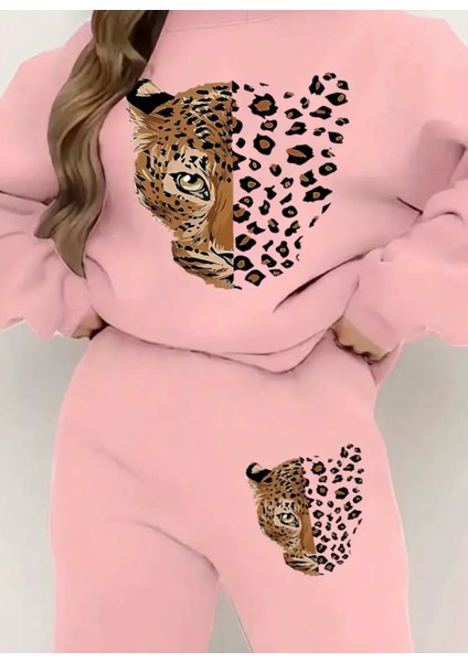 Punıx Büyük Beden Özel Seri Leopar Baskılı %100 Pamuk Kışlık Yuvarlak Yaka Modern Kadın Eşofman Takımı