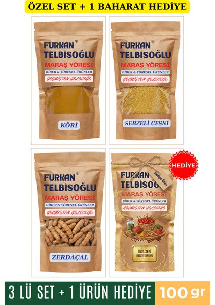Sebzeli Çeşni 100GR + Köri 100GR + Zerdeçal Tane 100GR + 1 Baharat Hediye