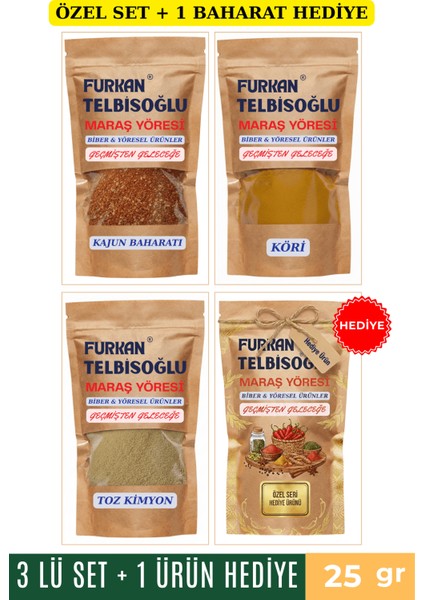 Kajun Baharatı 25GR + Köri 25GR + Kimyon Toz 25GR + 1 Baharat Hediye