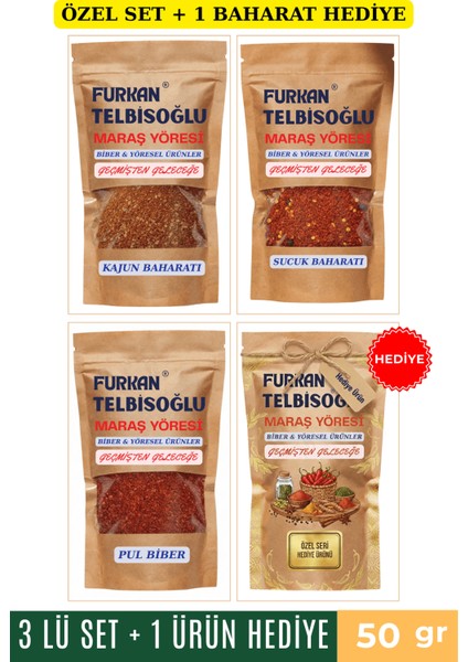 Kajun Baharatı 50GR + Sucuk Baharatı 50GR + Pul Biber 50GR + 1 Baharat Hediye