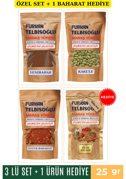 Yenibahar Toz 25GR + Sucuk Baharatı 25GR + Kakule 25GR + 1 Baharat Hediye