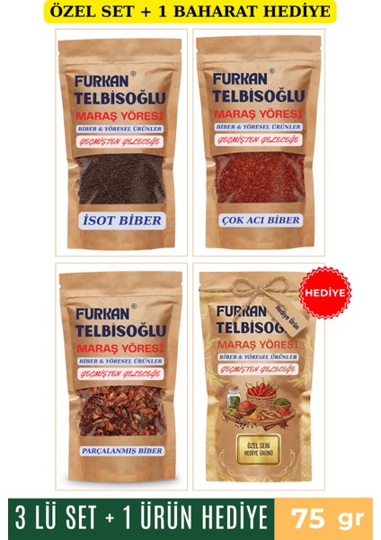 Çok Acı Biber 75GR + Premium Isot Biber 75GR + Parçalanmış Biber 75GR + 1 Baharat Hediye