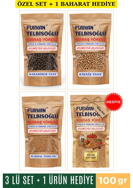 Karabiber Tane 100GR + Kişniş Tane 100GR + Hardal Tohumu 100GR + 1 Baharat Hediye