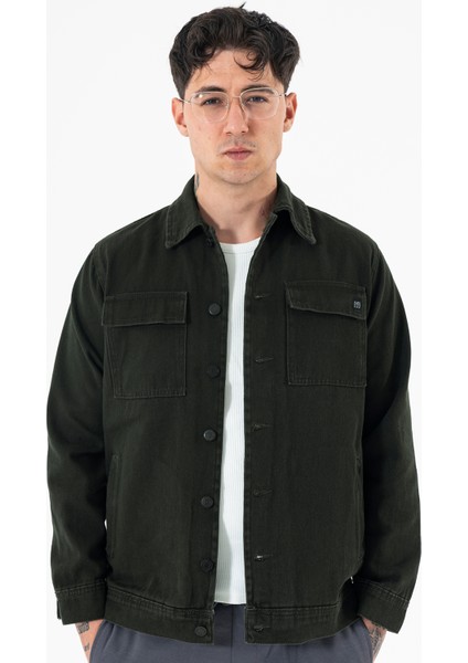 Erkek Haki Kot Ceket Relax Fit Kapaklı Çift Cepli Gömlek Yaka