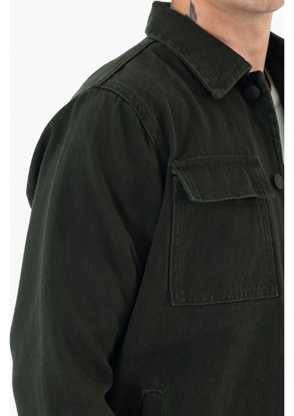 Erkek Haki Kot Ceket Relax Fit Kapaklı Çift Cepli Gömlek Yaka
