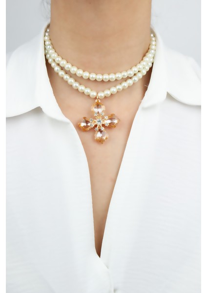 Cam Inci Çift Sıralı Kristal Uçlu Kolye