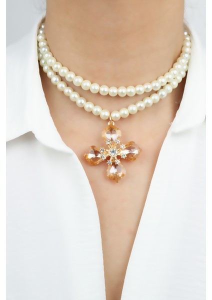 Cam Inci Çift Sıralı Kristal Uçlu Kolye fiyatları