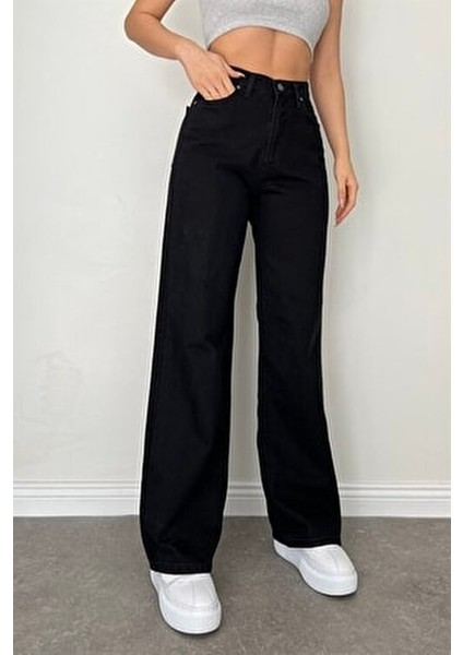 Kadın Geniş Paça Süper Yüksek Bel Likralı Palazzo Jeans Modern Stil