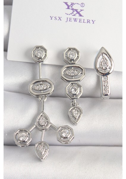 Pirinç Gümüş Renk Zirkon Taşlı Geometrik Model 3'lü Kadın Kombin Küpe - Lisinya