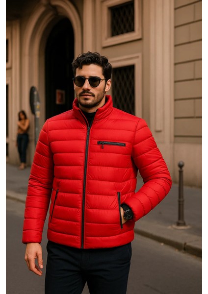 Erkek Comfort Fermuarlı Günlük Kışlık Kırmızı Şişme Mont