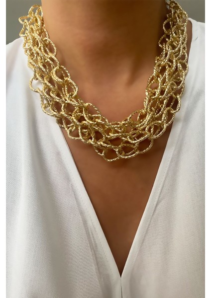 Dört Sıralı Işıltılı Gold Kolye