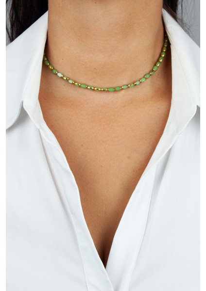 Gold Detay Yeşil Kristal Kolye