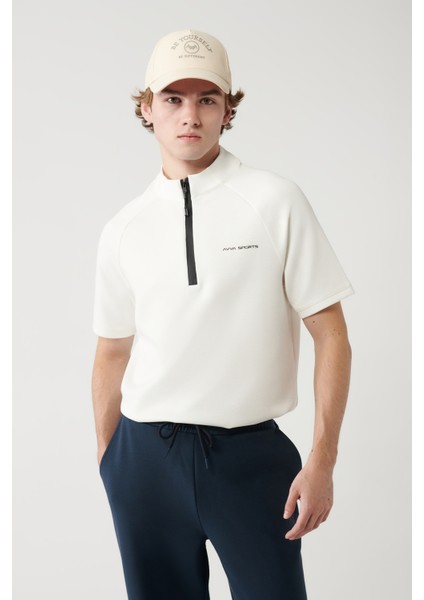 Erkek Ekru Dik Yaka Yarım Fermuarlı Baskılı Regular Fit T-Shirt A41Y1312