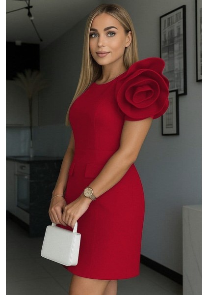 Kadın Kısa Gül Detaylı Kollu Bisiklet Yaka Cepli Mini Atlas Elbise