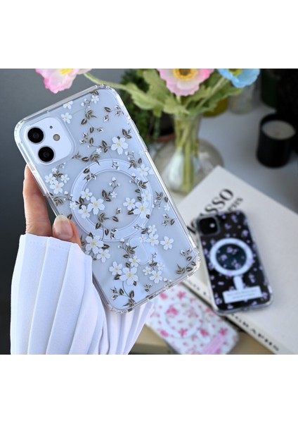 Iphone 11 Uyumlu Simli Çiçekli Gerçek Magsafe Özellikli Darbe Önleyici Şeffaf Silikon Kılıf