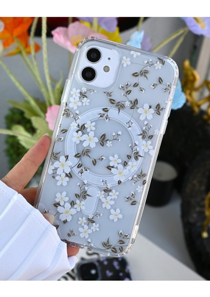 Iphone 11 Uyumlu Simli Çiçekli Gerçek Magsafe Özellikli Darbe Önleyici Şeffaf Silikon Kılıf indirimleri