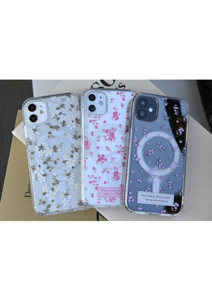 Iphone 11 Uyumlu Simli Çiçekli Gerçek Magsafe Özellikli Darbe Önleyici Şeffaf Silikon Kılıf