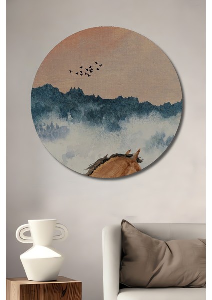 Yemyeşil Vadideki Atlı Yağlı Boya Görünümlü Ahşap Dekoratif Tablo Yuvarlak Tablo