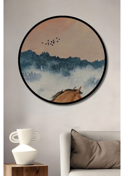 Yemyeşil Vadideki Atlı Yağlı Boya Görünümlü Ahşap Dekoratif Tablo Yuvarlak Tablo fiyatları