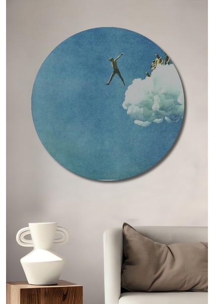 Gökyüzünde Uçan Adamlar Ahşap Dekoratif Tablo Sulu Boya Görünümlü Sanat Eseri Yuvarlak Tablo