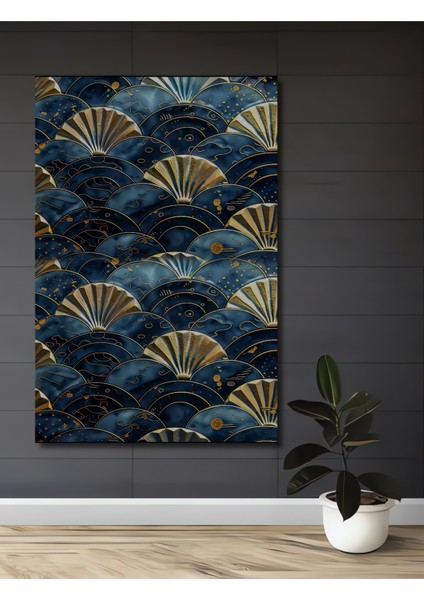 Altın Yaldızlı Fan Desenli Yağlı Boya Görünümlü Dekoratif Ahşap Tablo Dikdörtgen Tablo