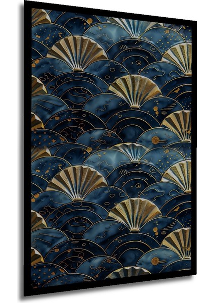 Altın Yaldızlı Fan Desenli Yağlı Boya Görünümlü Dekoratif Ahşap Tablo Dikdörtgen Tablo
