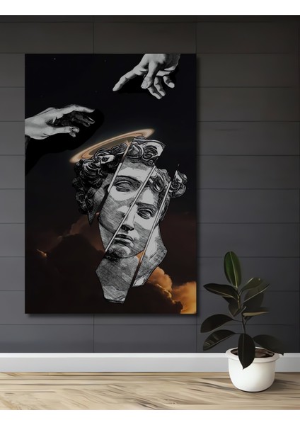 Yaratılışın Yankısı Kara Kalem Görünümlü Modern Sanat Ahşap Dekoratif Tablo Dikdörtgen Tablo