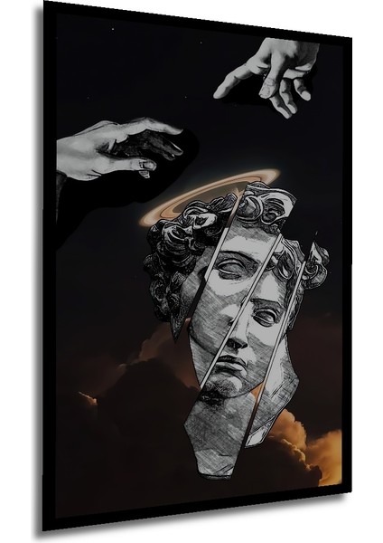 Yaratılışın Yankısı Kara Kalem Görünümlü Modern Sanat Ahşap Dekoratif Tablo Dikdörtgen Tablo